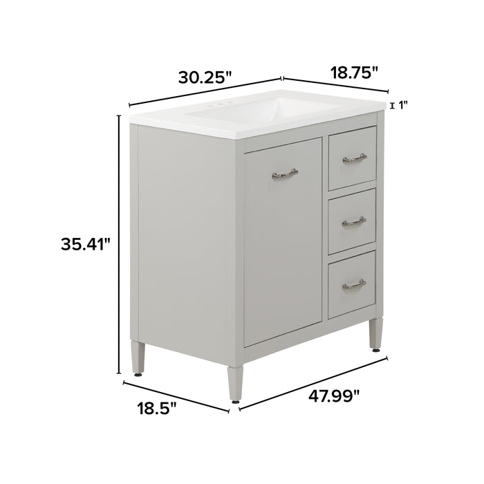 Dimensions of Tilford gray furniture-style bathroom vanity: 30.25 in W x 18.75 in D x 35.41 in H