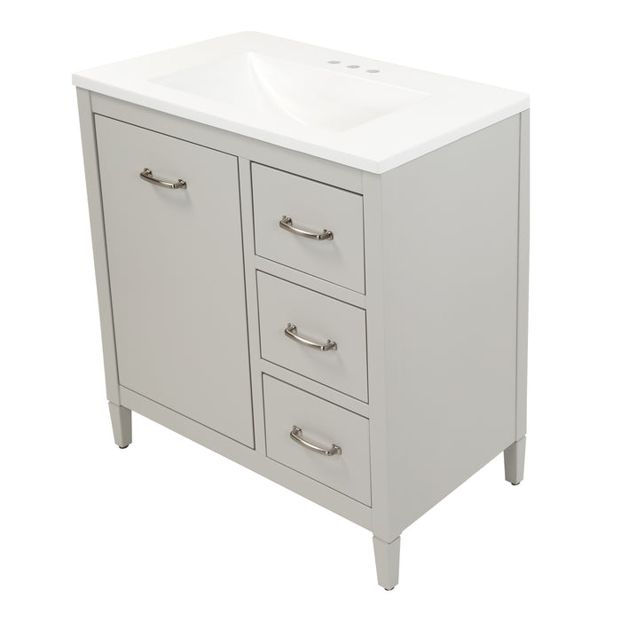 Top view of Tilford gray furniture-style bathroom vanity with 1-door cabinet, 3 drawers, white sink top