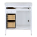 Open back on Tilford white furniture-style bathroom vanity with 1-door cabinet, 3 drawers, silver ash sink top