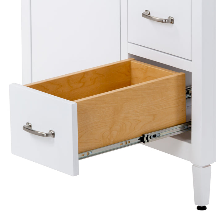 Open drawer on Tilford white furniture-style bathroom vanity with 1-door cabinet, 3 drawers, silver ash sink top
