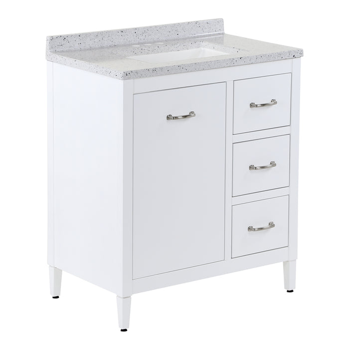 Angled View of Tilford white furniture-style bathroom vanity with 1-door cabinet, 3 drawers, silver ash sink top