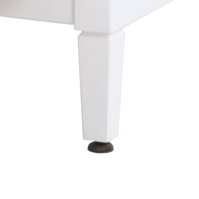 Leg with leveling foot closeup on Tilford white furniture-style bathroom vanity with 1-door cabinet, 3 drawers, silver ash sink top