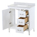 Open door and drawers on Tilford white furniture-style bathroom vanity with 1-door cabinet, 3 drawers, silver ash sink top