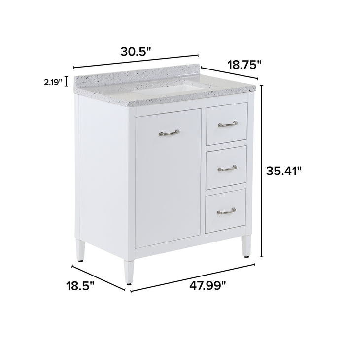 Dimensions of Tilford white furniture-style bathroom vanity: 30.5 in W x 18.75 in D x 35.41 in H with 2.19 in backsplash