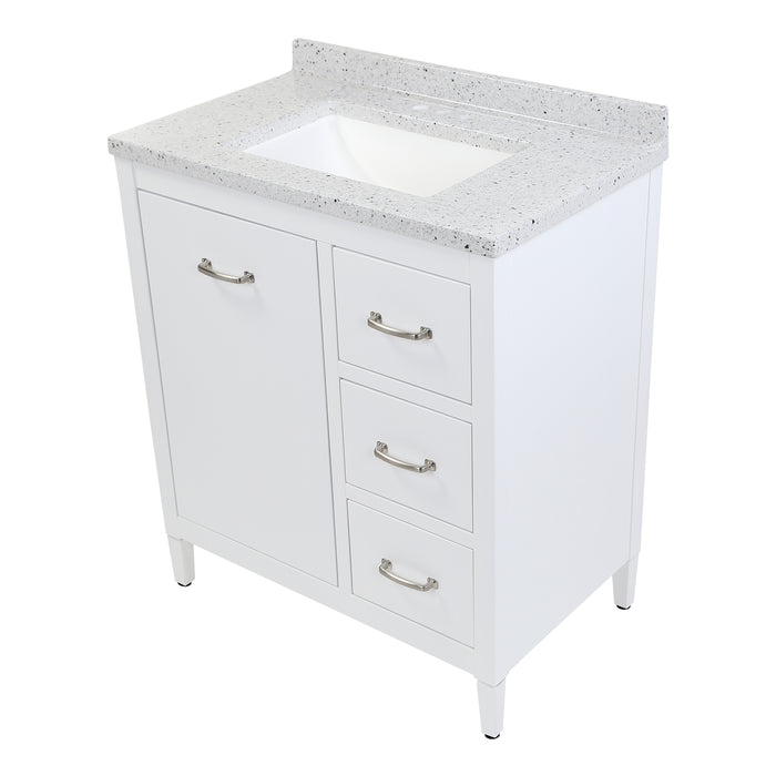 Top view of Tilford white furniture-style bathroom vanity with 1-door cabinet, 3 drawers, silver ash sink top