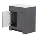 Left door open on Salil 30 inch 2-door gray powder room vanity with white top