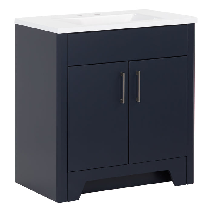 Left side of Salil 30 inch 2-door blue powder room vanity with white top