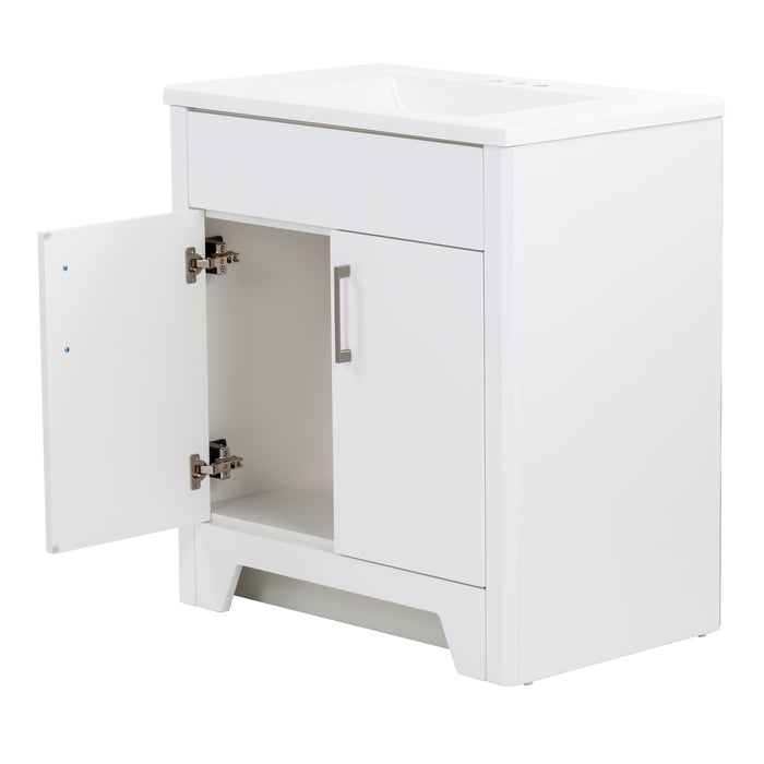 Open left door on Salil 30 inch 2-door white powder room vanity with white top