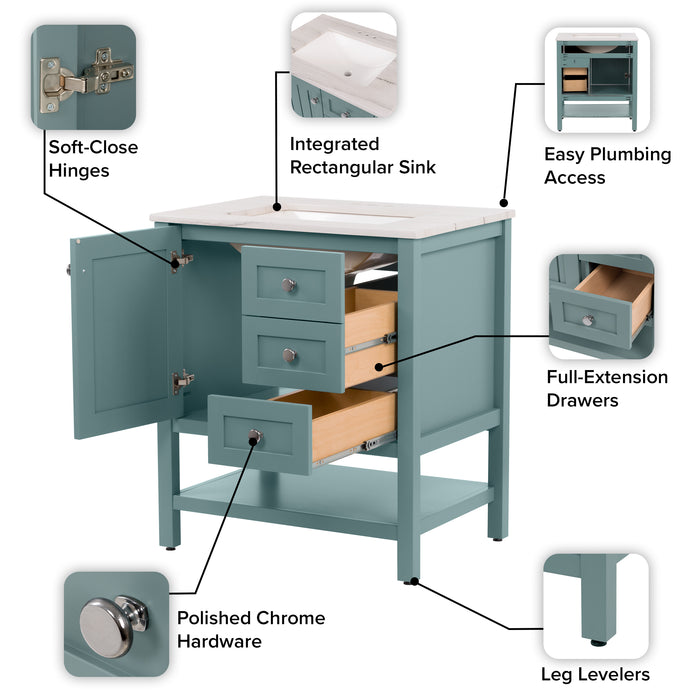 31" Coastal-Style Vanity With 2 Drawers and Sink Top