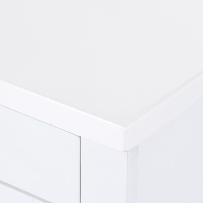Corner of Lonsdale 36 inch white powder room vanity with 2 doors, 3 drawers, and white top with offset sink