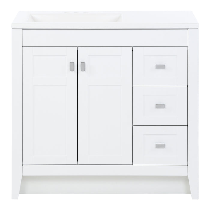 Lonsdale 36 inch white powder room vanity with 2 doors, 3 drawers, and white top with offset sink