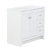 Angled view of Lonsdale 36 inch white powder room vanity with 2 doors, 3 drawers, and white top with offset sink