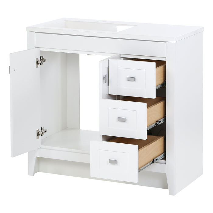 Open doors and drawers on Lonsdale 36 inch white powder room vanity with 2 doors, 3 drawers, and white top with offset sink