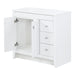 Open doors Lonsdale 36 inch white powder room vanity with 2 doors, 3 drawers, and white top with offset sink