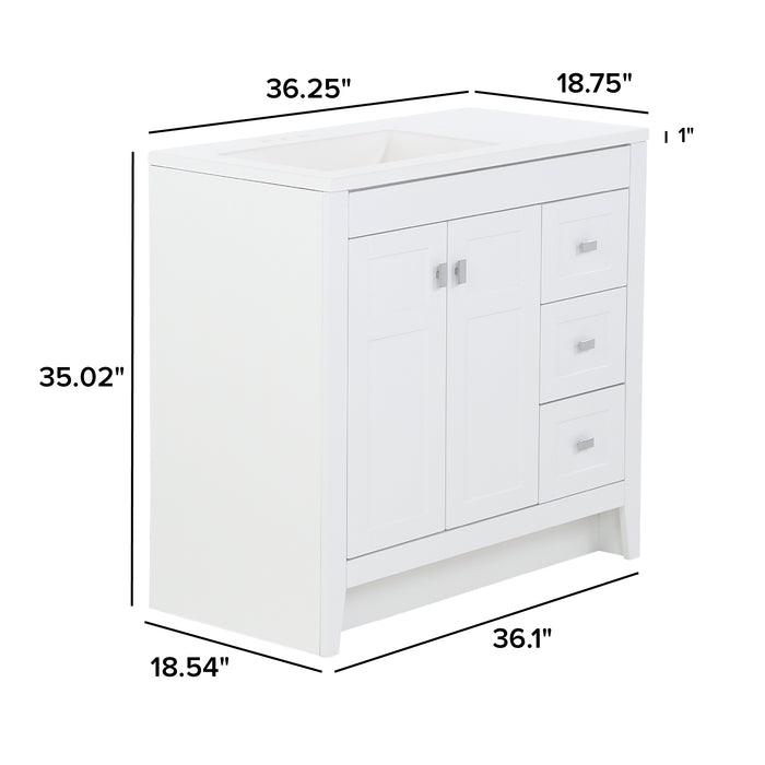 Measurements of Lonsdale 36 inch white powder room vanity with 2 doors, 3 drawers, and white top with offset sink: 36.25 in w x 18.75 in D x 35.02 in H