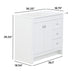 Measurements of Lonsdale 36 inch white powder room vanity with 2 doors, 3 drawers, and white top with offset sink: 36.25 in w x 18.75 in D x 35.02 in H