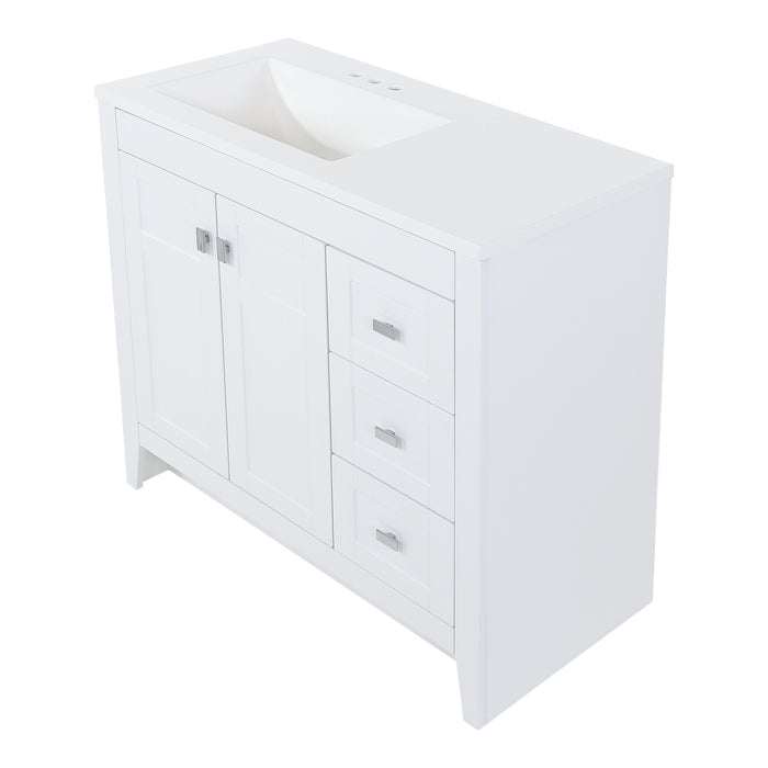 Top view of Lonsdale 36 inch white powder room vanity with 2 doors, 3 drawers, and white top with offset sink