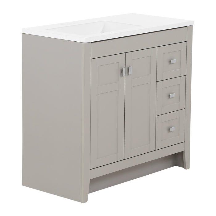 Left side of Lonsdale 36 inch warm gray powder room vanity with 2 doors, 3 drawers, and white top with offset sink