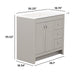 Measurements of Lonsdale 36 inch gray  powder room vanity with 2 doors, 3 drawers, and white top with offset sink: 36.25 in w x 18.75 in D x 35.02 in H