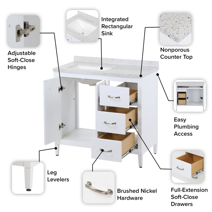 36.5" Bathroom Vanity With 3 Drawers and Countertop With Sink