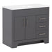 Left side of Salil 36 inch 2-door gray bathroom vanity with 2 drawers and white top