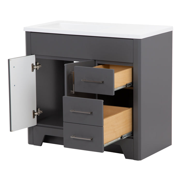 Drawers and doors open on Salil 36 inch 2-door gray bathroom vanity with 2 drawers and white top