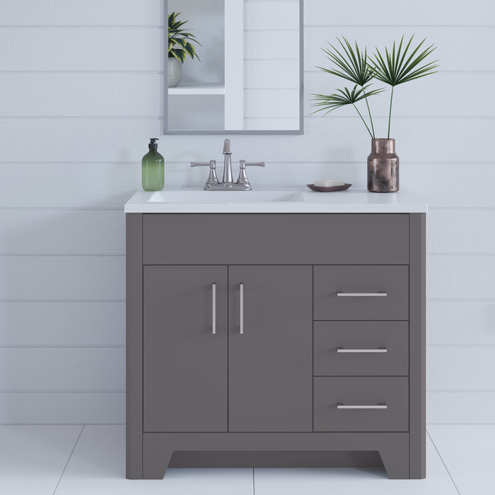 Salil 36 inch 2-door gray bathroom vanity with 2 drawers and white top installed in bathroom