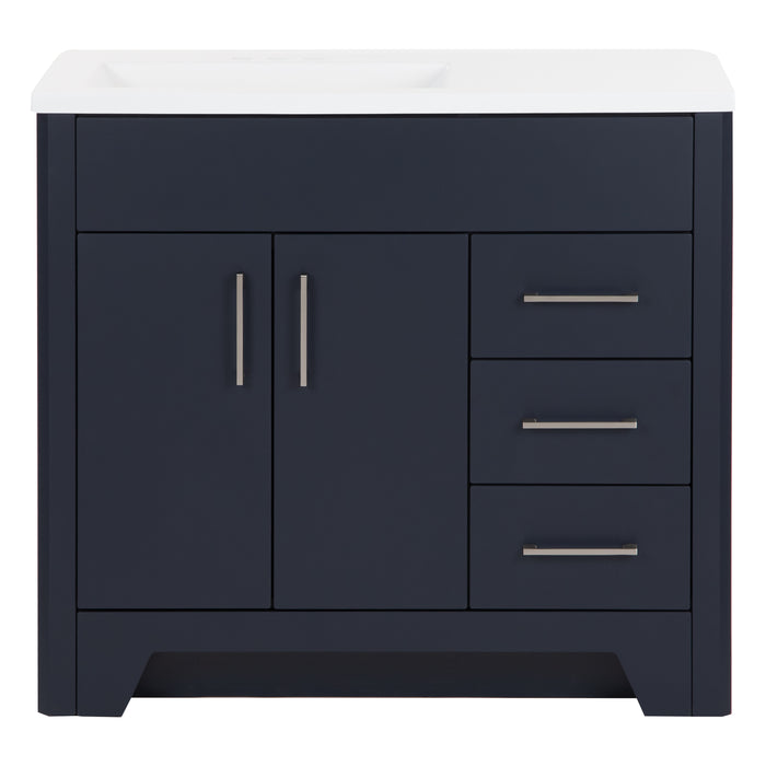 Salil 36 inch 2-door blue bathroom vanity with 2 drawers and white top with offset sink