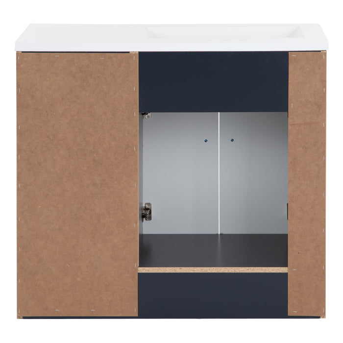 Open door on Salil 36 inch 2-door blue bathroom vanity with 2 drawers and white top