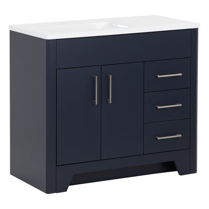 Left side of Salil 36 inch 2-door blue bathroom vanity with 2 drawers and white top