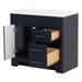 Open doors and drawers on Salil 36 inch 2-door blue bathroom vanity with 2 drawers and white top