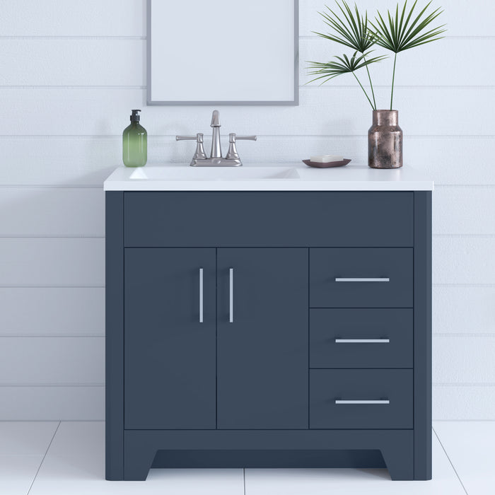 Salil 36 inch 2-door blue bathroom vanity with 2 drawers and white top installed in bathroom with faucet and mirror