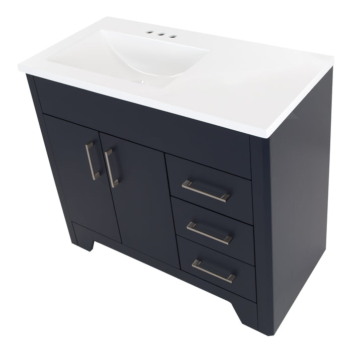 Top view of Salil 36 inch 2-door blue bathroom vanity with 2 drawers and white top with sink offset to left