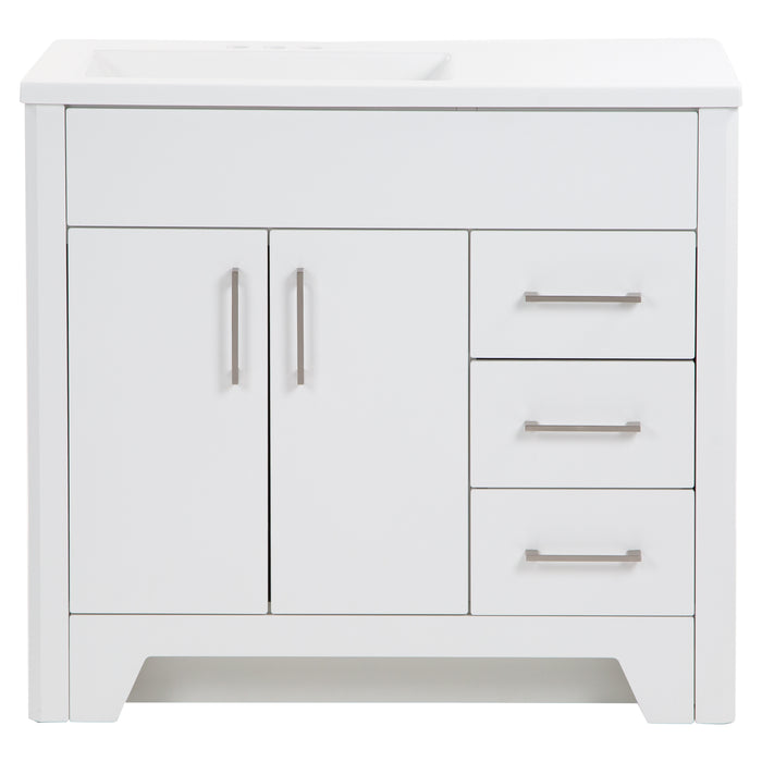 Salil 36 inch 2-door white bathroom vanity with 2 drawers and white top with offset sink