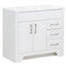 Left side of Salil 36 inch 2-door white bathroom vanity with 2 drawers and white top