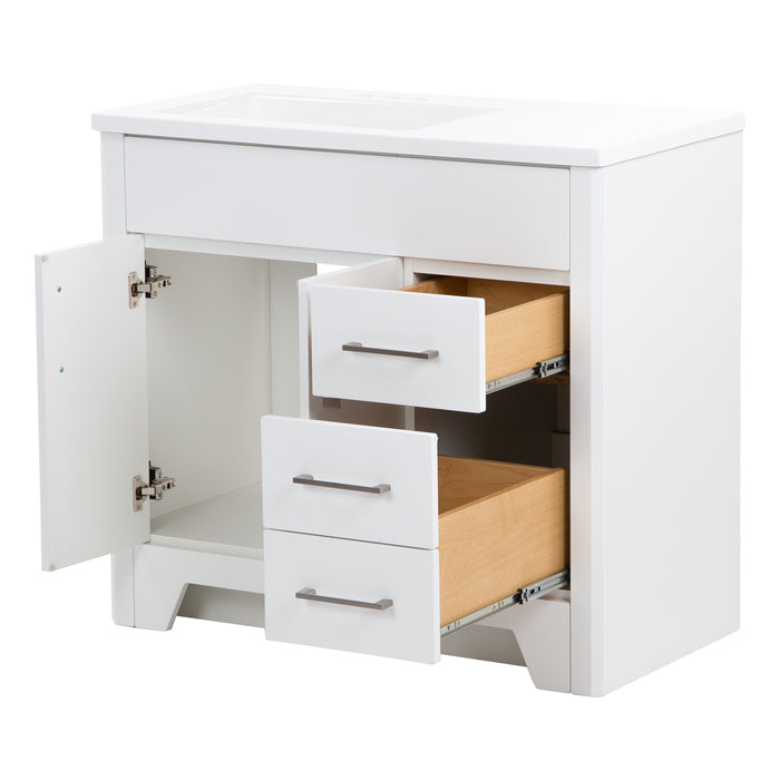 Open doors and drawers on Salil 36 inch 2-door white bathroom vanity with 2 drawers and white top