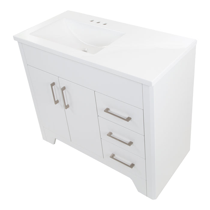 Top view of offset sink on Salil 36 inch 2-door white bathroom vanity with 2 drawers and white top