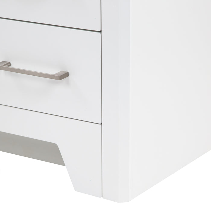 Toekick on Salil 36 inch 2-door white bathroom vanity with 2 drawers and white top