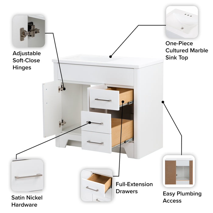 Features of Salil 36 inch 2-door white bathroom vanity with 2 drawers and white top, open back, drawers, hardware