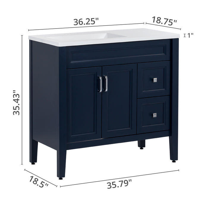 36.25" Furniture-Style Vanity With Cabinet, 2 Drawers, and White Sink Top