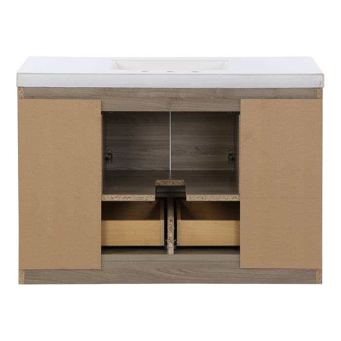 Open back on Trente 48 inch 4-door, 4-drawer, hardware-free bathroom vanity with woodgrain finish and white sink top