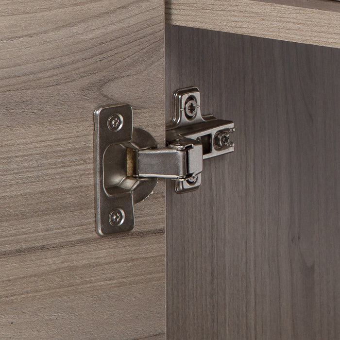 Adjustable hinge on Trente 48 inch 4-door, 4-drawer, hardware-free bathroom vanity with woodgrain finish and white sink top