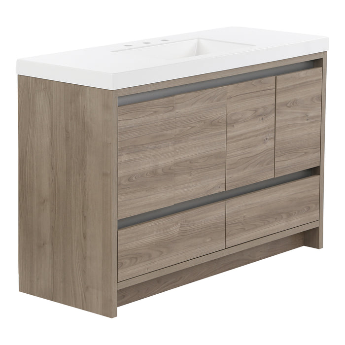 Trente 48 inch 4-door, 4-drawer, hardware-free bathroom vanity with woodgrain finish and white sink top