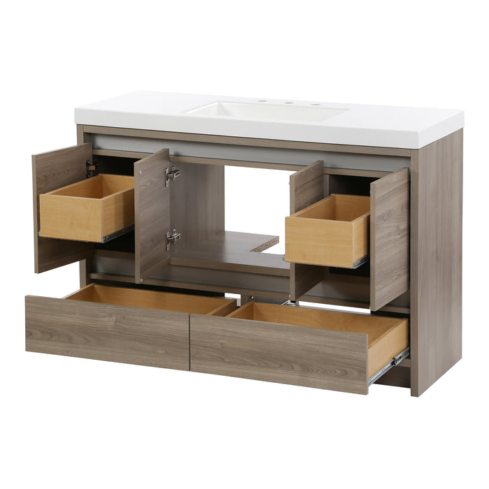 Open drawers and doors on Trente 48 inch 4-door, 4-drawer, hardware-free bathroom vanity with woodgrain finish and white sink top