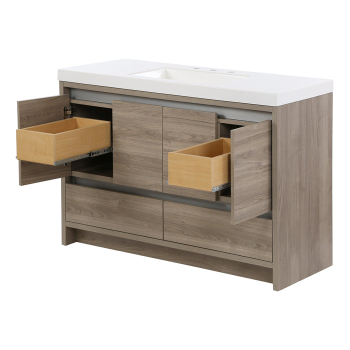 Open interior drawers on Trente 48 inch 4-door, 4-drawer, hardware-free bathroom vanity with woodgrain finish and white sink top