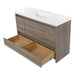 Open base drawers on Trente 48 inch 4-door, 4-drawer, hardware-free bathroom vanity with woodgrain finish and white sink top