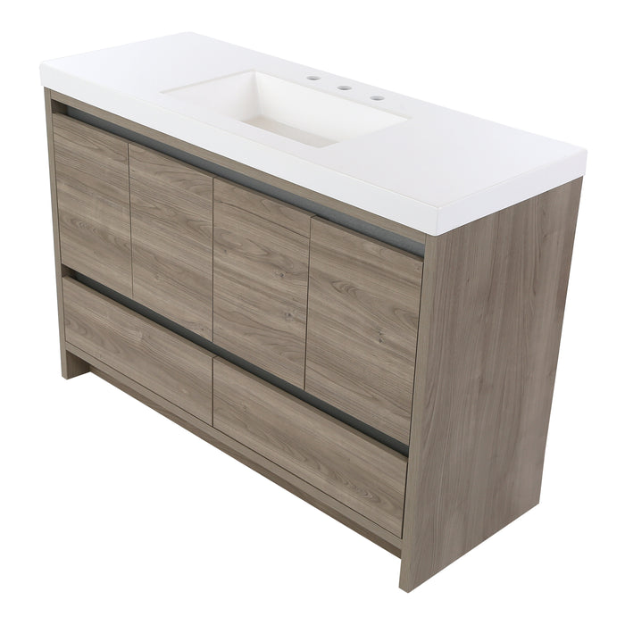 Angled view of Trente 48 inch 4-door, 4-drawer, hardware-free bathroom vanity with woodgrain finish and white sink top