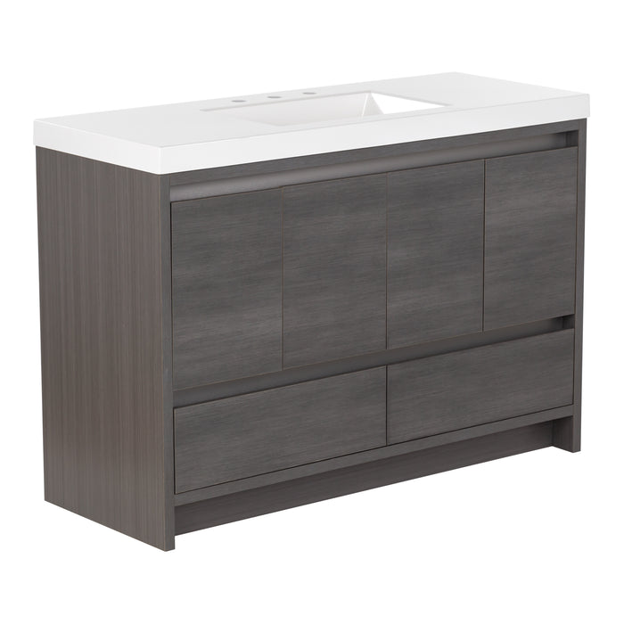 Angled view of Trente 48 inch 4-door, 4-drawer, hardware-free bathroom vanity with woodgrain finish and white sink top
