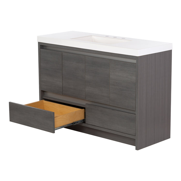 Open base drawer on Trente 48 inch 4-door, 4-drawer, hardware-free bathroom vanity with woodgrain finish and white sink top
