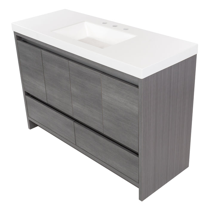 Top view of Trente 48 inch 4-door, 4-drawer, hardware-free bathroom vanity with woodgrain finish and white sink top